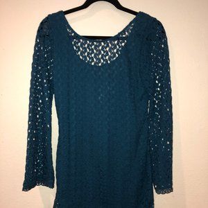Teal blue long sleeved low back patterned dress
